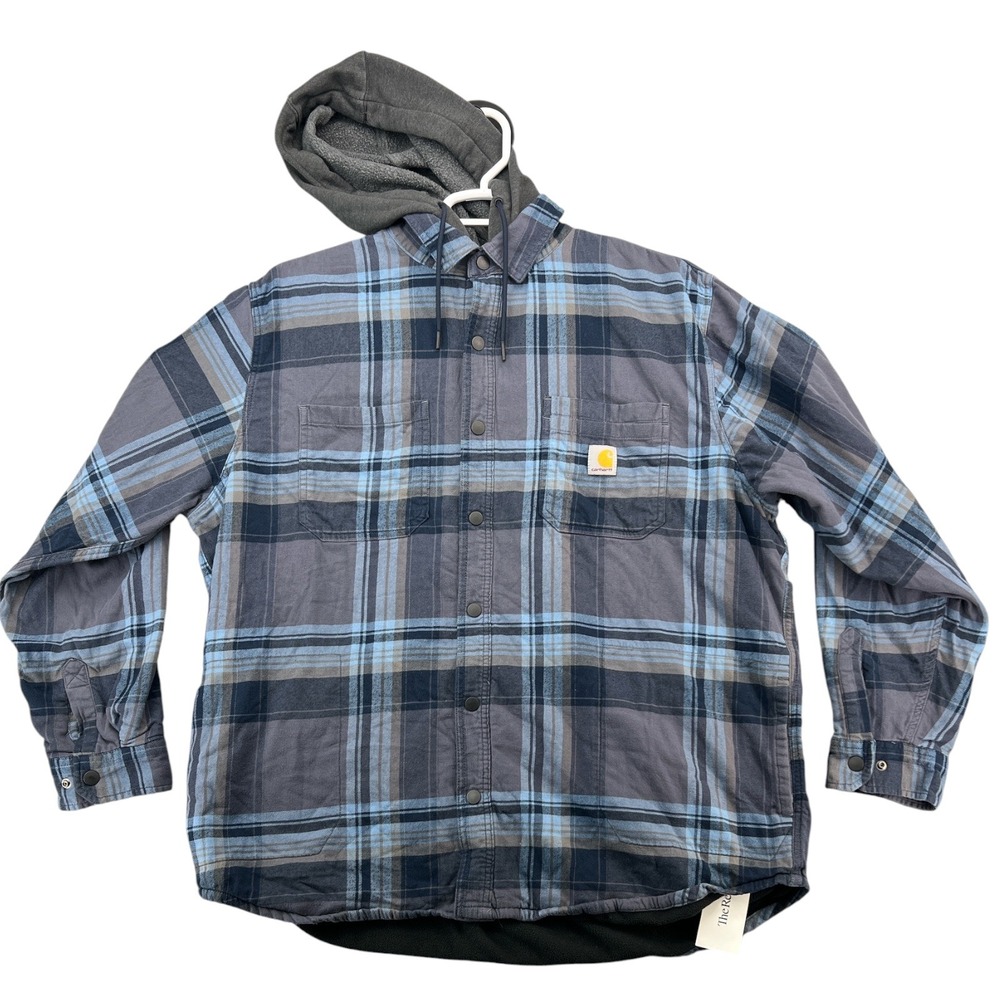 Carhartt Rugged Flex Flannel Fleece Lined Hooded Shirt Jacket TJ5621-M Blue XL